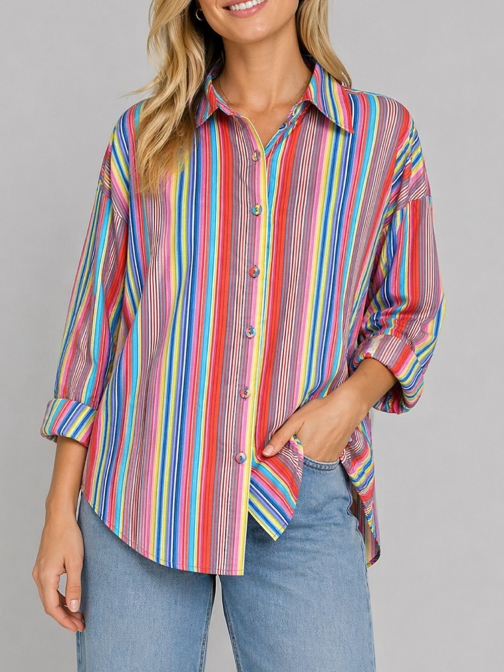 Charlie Holiday Rainbow Stripe Button Down Shirt Cotton M NWT